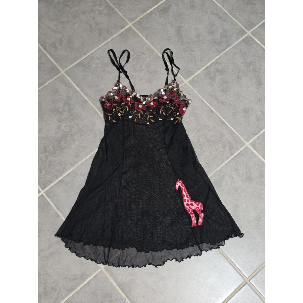 SPEHONG Vintage Style Black Floral Embroidered Mesh Babydoll Nightgown Size L